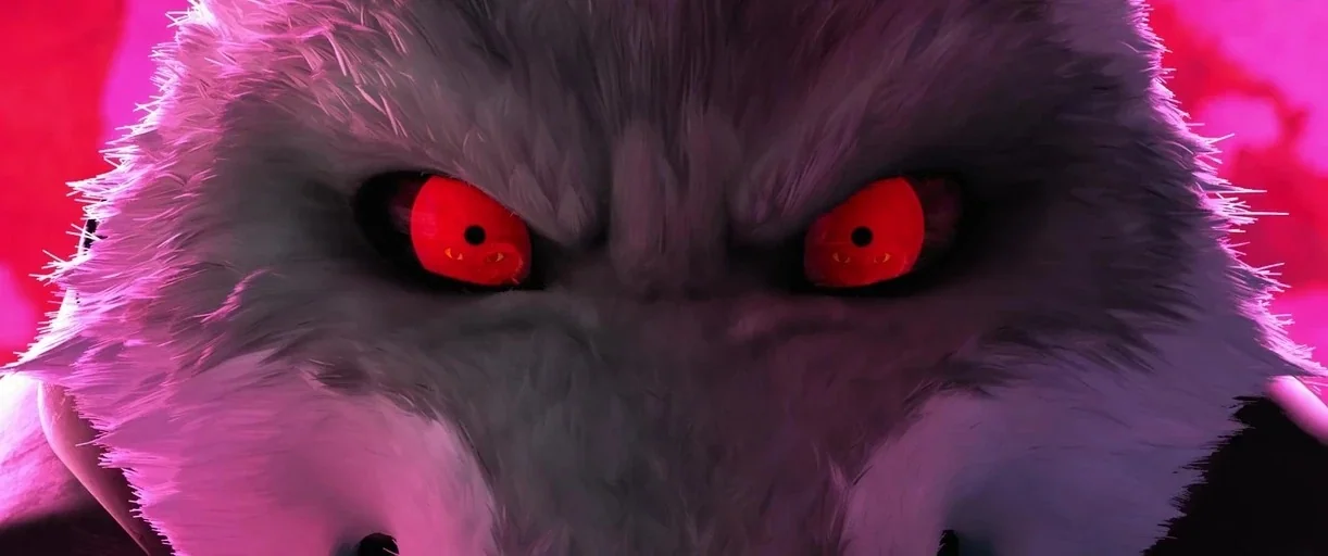 Puss in Boots: The Last Wish (2022) movie still: closeup — An abstract, tightly cropped view focuses on the face of an anthropomorphic gray wolf.…