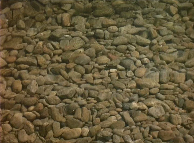 La Collectionneuse (1967) movie still: closeup — A shallow riverbed is filled with a dense cluster of smooth, rounded stones. Clear water covers the…