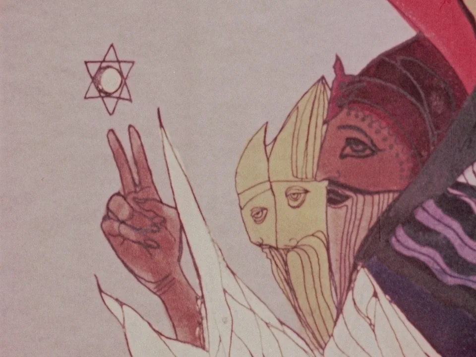 The Wormwood Star (1956) movie still: medium — A hand-drawn animation frame shows a figure with a multi-layered face. A hand gesturing with two…
