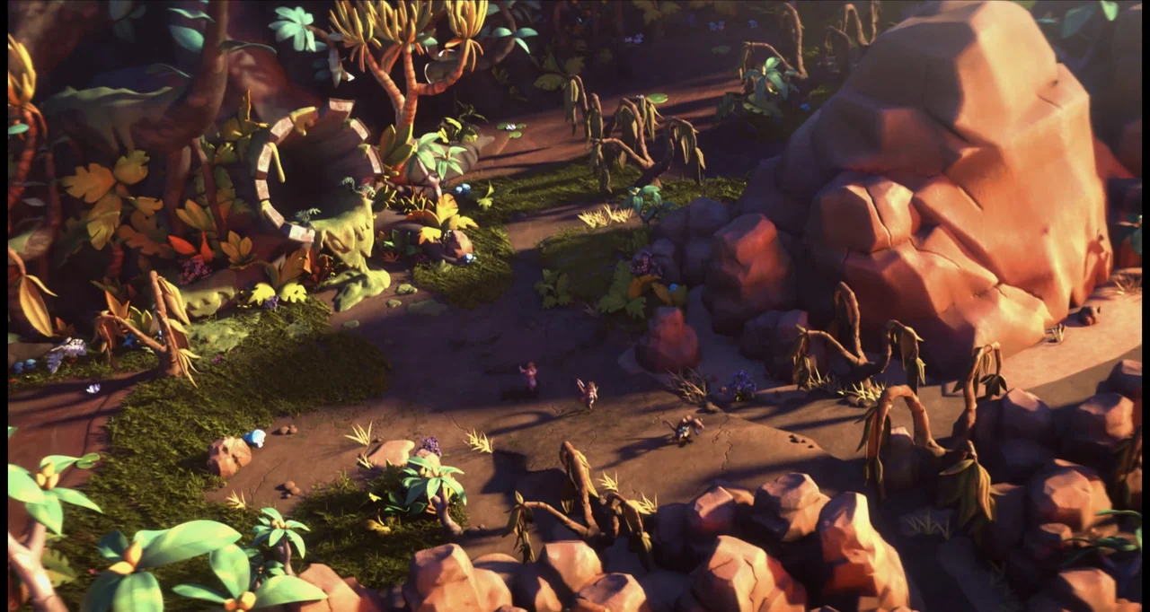 The Wishmas Tree (2020) movie still: establishing — A dense, stylized jungle clearing features large rock formations and oversized tropical…