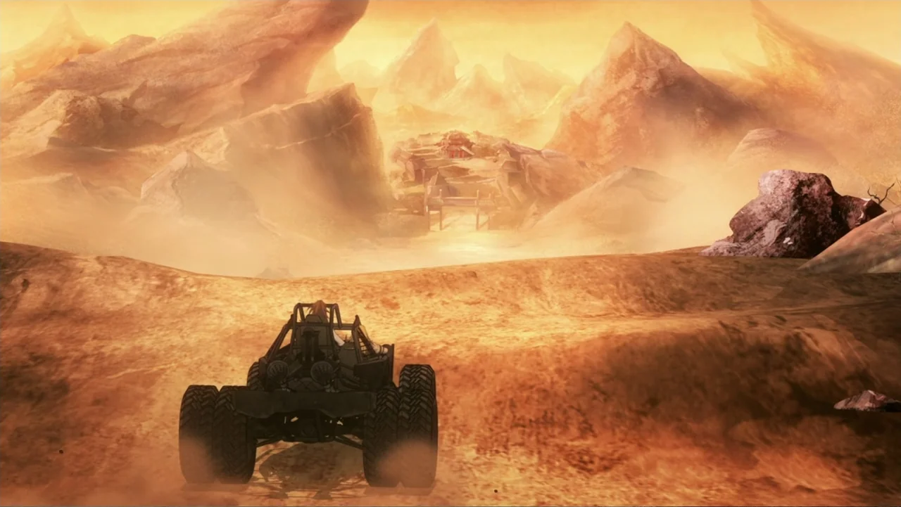 Mortal Kombat Legends: Snow Blind (2022) movie still: wide — A vast, arid desert landscape features towering rock formations obscured by thick,…