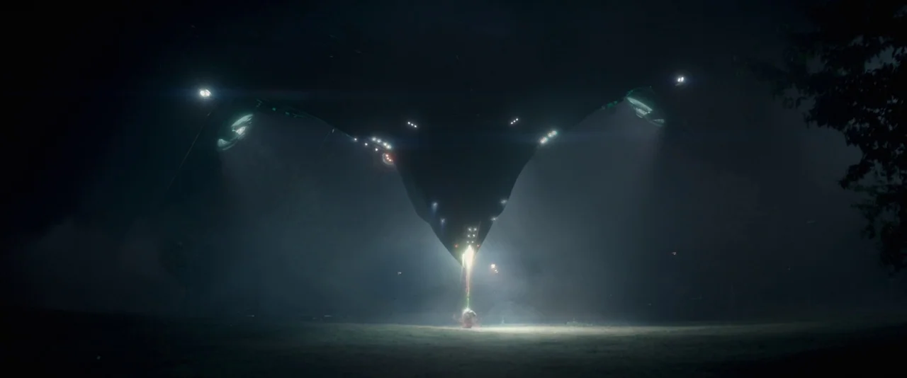 Guardians of the Galaxy (2014) movie still: wide — A dark, unidentified flying object hovers above a field shrouded in thick evening mist. The craft…