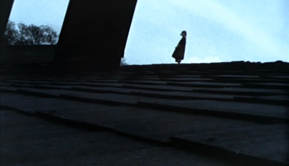 The Beguiled (1971) movie still: wide — A person stands atop a dark, shingled roof under a pale blue sky. The camera perspective is extremely low,…