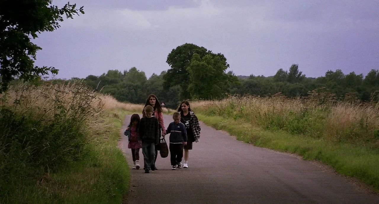 Everyday (2012) movie still: fullbody — A narrow paved road winds through tall, overgrown grassy fields under a grey sky. An adult woman walks with…