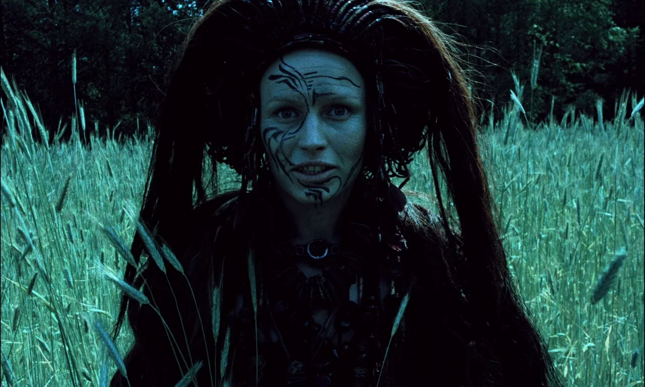 On The Silver Globe (1988) movie still: closeup — A woman stands within a dense, tall grass field during a dark night. The person has intricate…