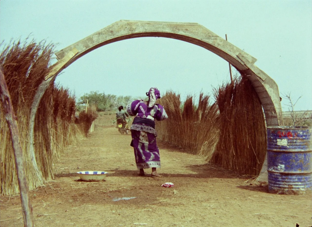Touki Bouki (1973) movie still: fullbody — A dry earthen path is framed by an arched wooden structure and rows of grass. A woman in a purple outfit…