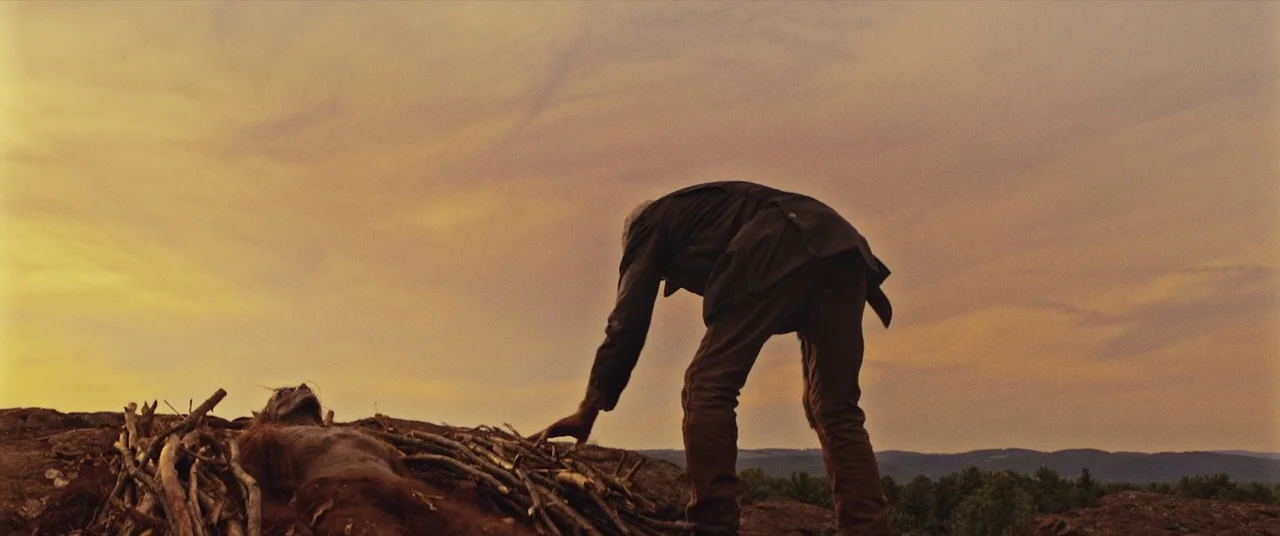 The Man Who Killed Hitler and Then the Bigfoot (2018) movie still: wide — A rocky, open hilltop landscape under a vast, cloud-filled sunset sky. A…