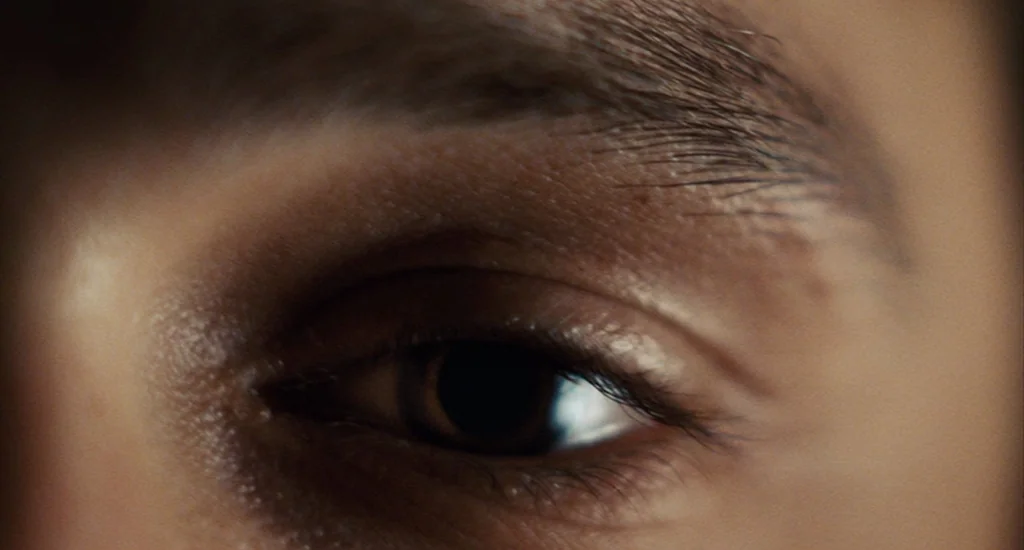 Milk (2008) movie still: closeup — An extreme close-up of a human eye showing skin texture and iris detail. The eye reflects a soft light source on…