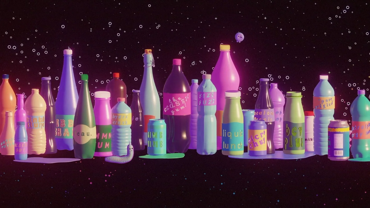 Boys Go To Jupiter (2024) movie still: wide — A collection of stylized plastic bottles and aluminum cans stands against a starry void. A small…