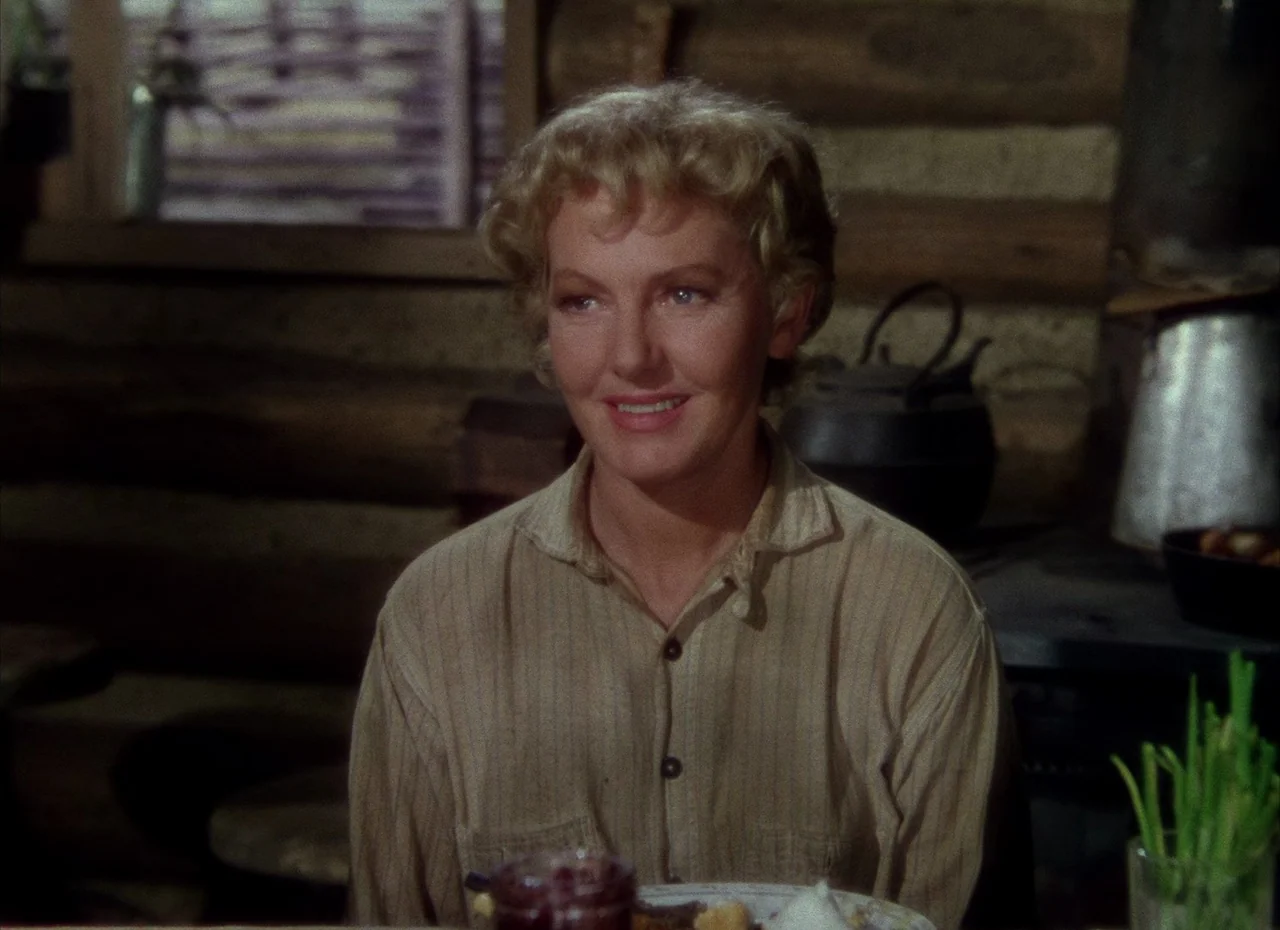 Shane (1953) movie still: medium — A rustic log cabin interior features rough wooden walls and a wood-burning stove. A woman sits at a table and…