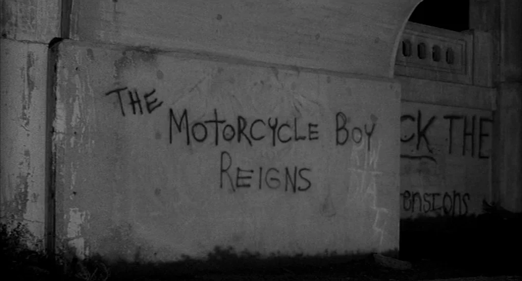 Rumble Fish (1983) movie still: medium — A textured concrete bridge underpass wall features hand-painted black lettering graffiti. The inscription…
