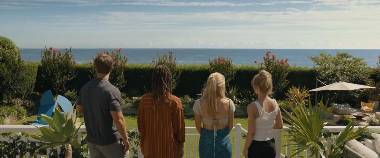 Anyone But You (2023) movie still: fullbody — A wooden balcony overlooks a green yard, dense hedge, and the calm open ocean. Four young adults stand…