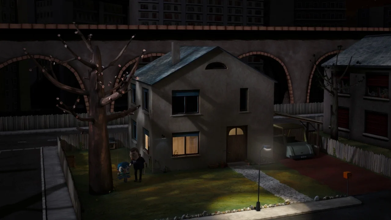 My Life as a Zucchini (2016) movie still: wide — A suburban house at night with a tree, a swing, and a paved walkway. A police officer stands in the…