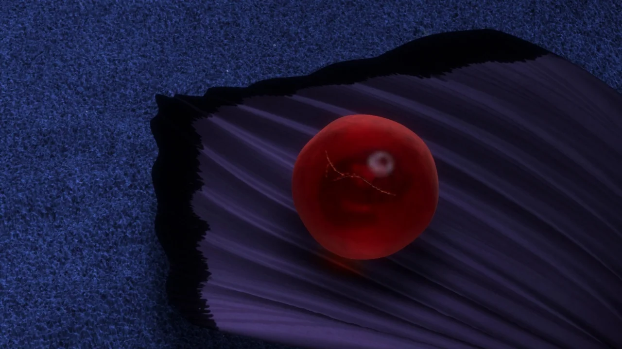 Finding Nemo (2003) movie still: closeup — A dark, textured blue seabed surface supports a large, open mollusk shell. A smooth, luminous red orb…