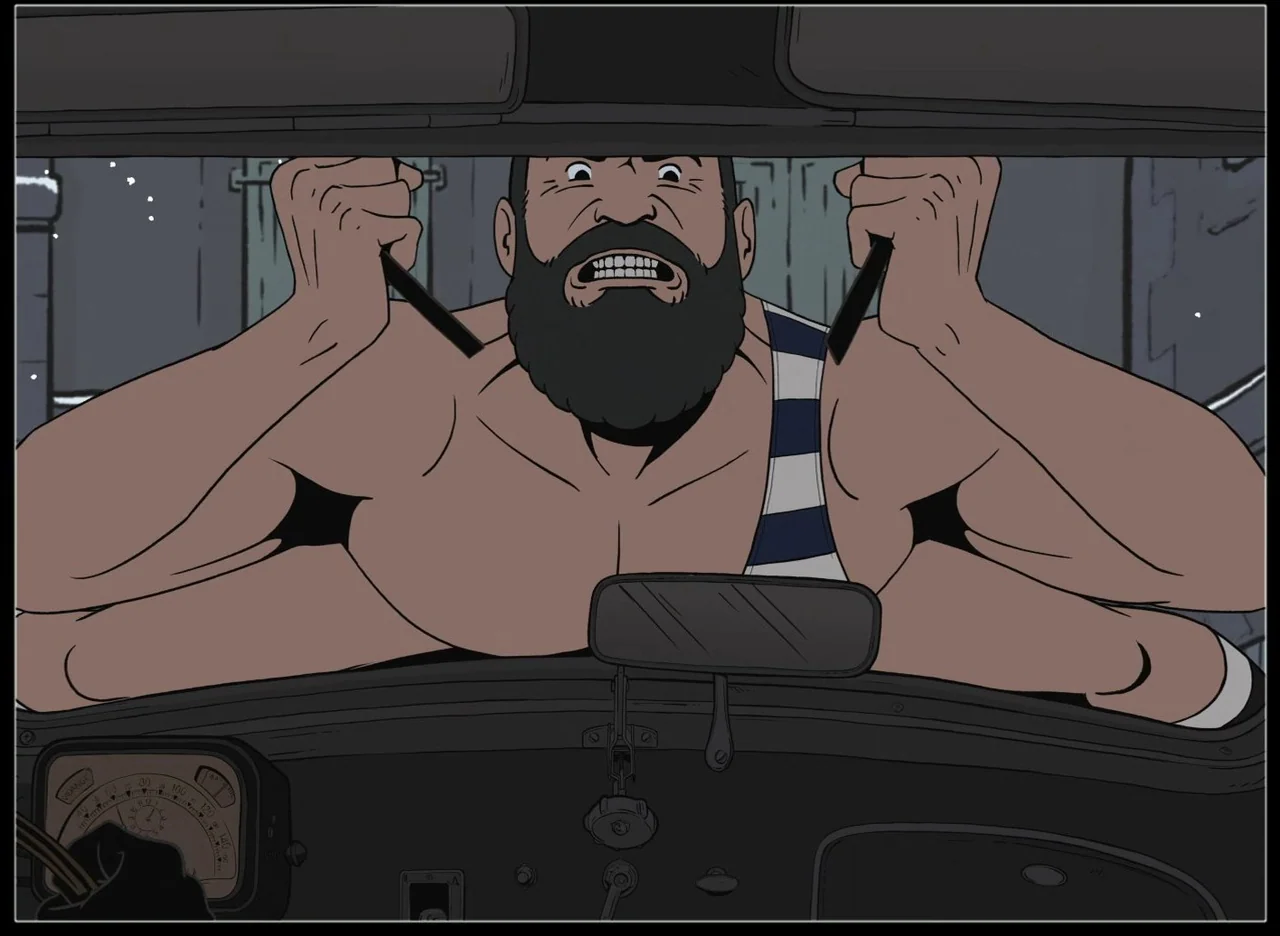 The French Dispatch (2021) movie still: medium — A man strains with both hands against the roof of a vintage vehicle. The interior displays a…