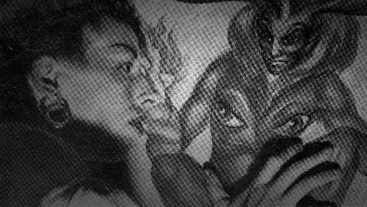 The Witch of Kings Cross (2020) movie still: medium — A dark, grainy environment features a human head profile beside a monstrous horned figure. The…
