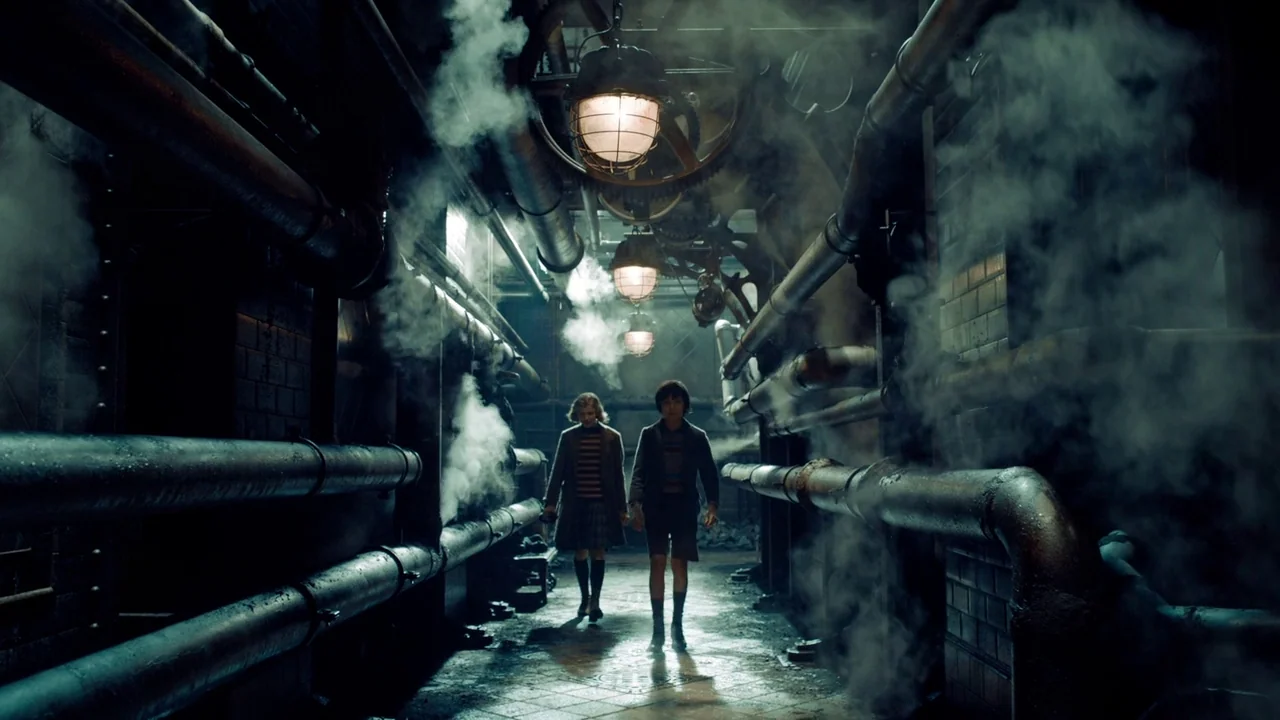 Hugo (2011) movie still: wide — An underground industrial corridor features dark metal piping, brick walls, and heavy floor tiles. Two young…