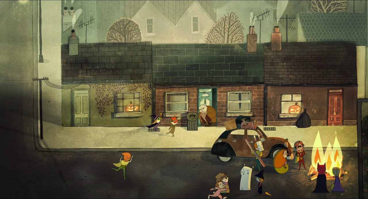 Song of the Sea (2014) movie still: wide — A row of two-story brick houses lines a suburban street at night. A group of children wearing costumes…