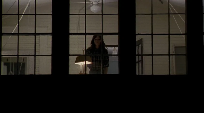 The House Of The Devil (2009) movie still: medium — A woman stands behind a multi-paned window at night looking outward. Indoor lighting illuminates…