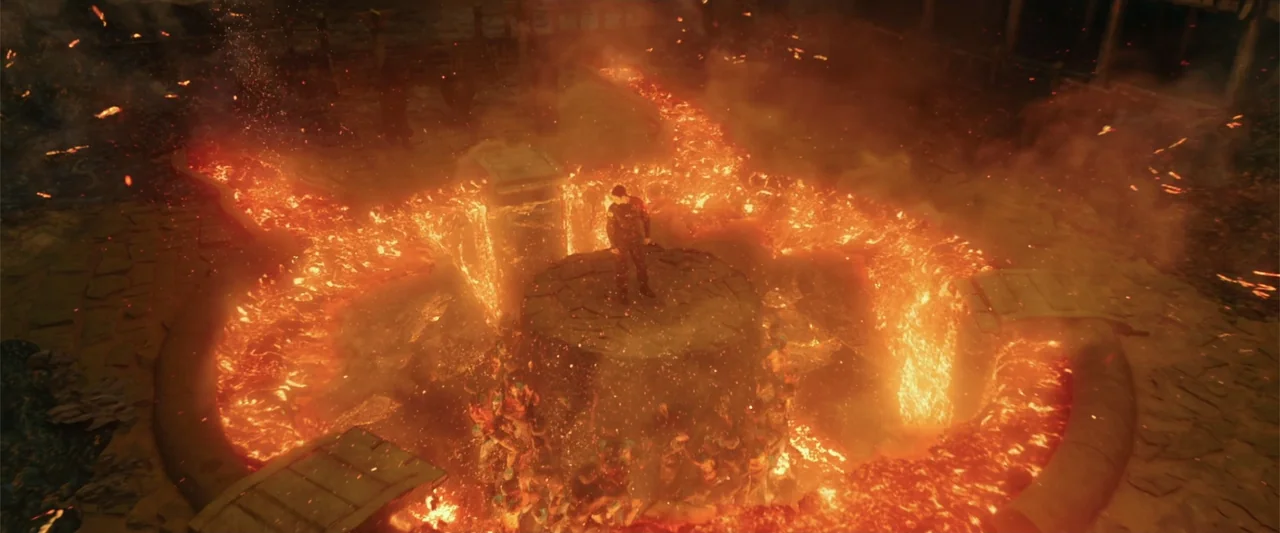 Along with the Gods: The Last 49 Days (2018) movie still: wide — A stone pedestal sits amidst a wide basin of churning, incandescent molten lava. A…