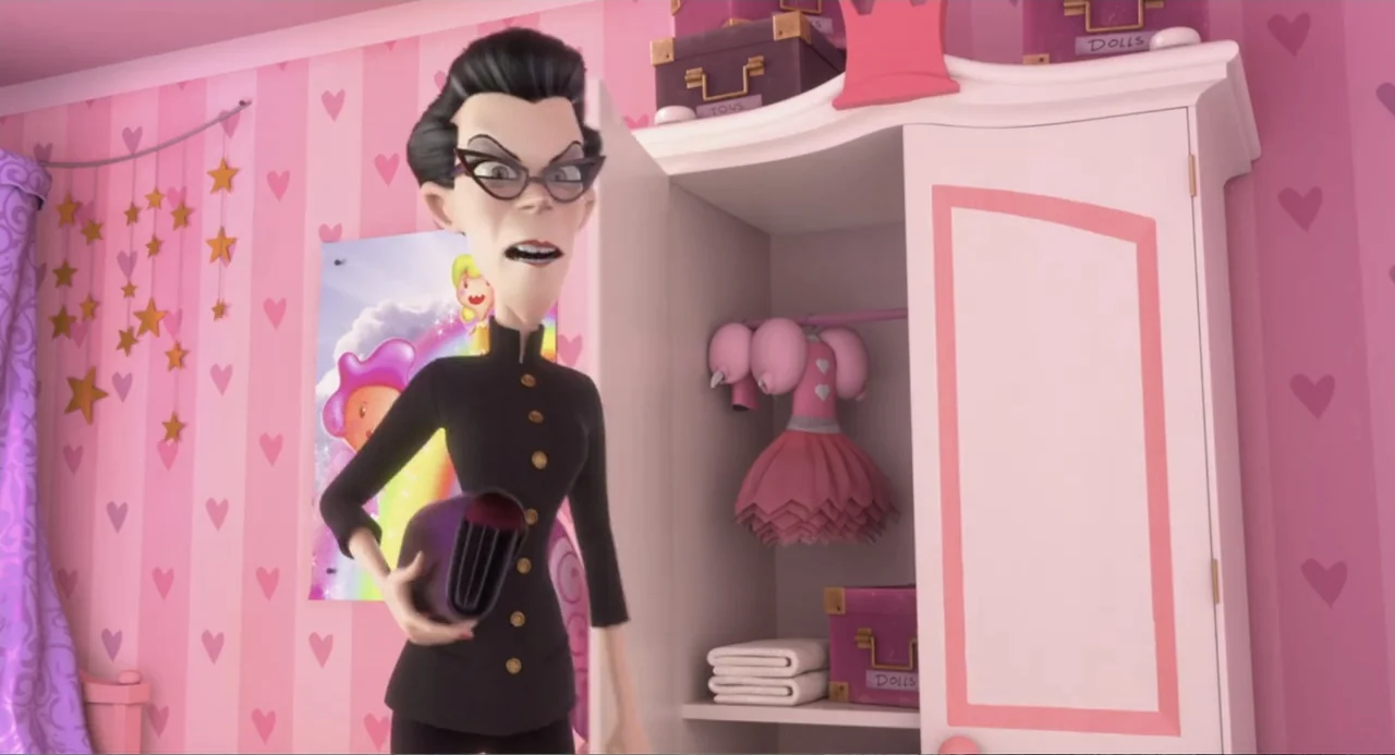 Luis and the Aliens (2018) movie still: medium — A girl's room with pink heart-patterned wallpaper and an open white wardrobe. A woman in a dark…