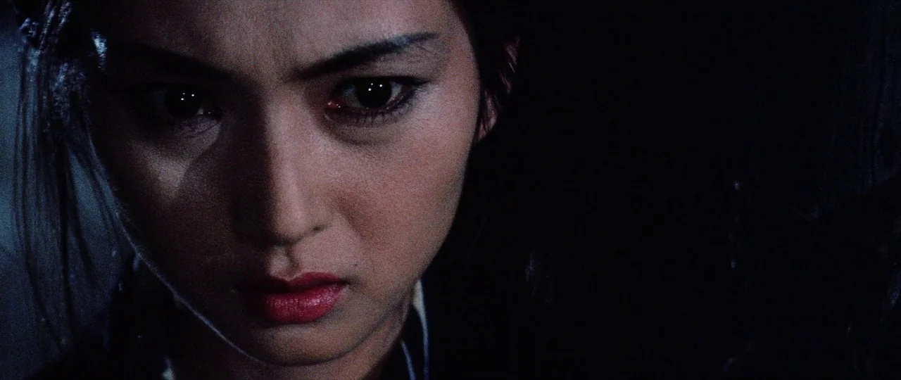 Lady Snowblood Song of Vengeance (1974) movie still: closeup — A dark space with minimal ambient light surrounding the subject. An east Asian woman…