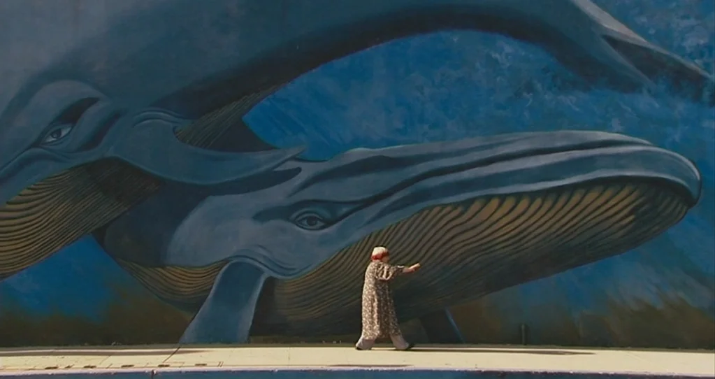 The Beaches of Agnès (2008) movie still: wide — An outdoor sidewalk is bordered by a large painted wall depicting two large whales. A person in a…