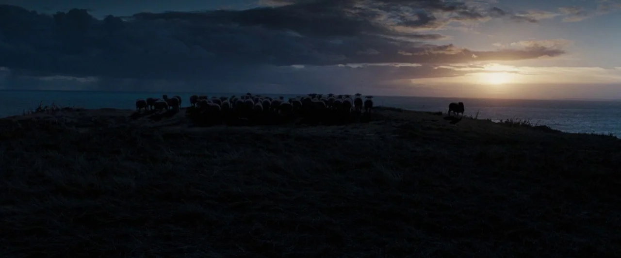 Far from the Madding Crowd (2015) movie still: wide — A grassy coastal clifftop overlooks the ocean during a dark sunset. A flock of sheep stands…