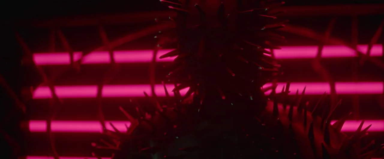 Dogs Don't Wear Pants (2019) movie still: closeup — A dark space features a figure adorned with many spikes against glowing red neon. The figure…