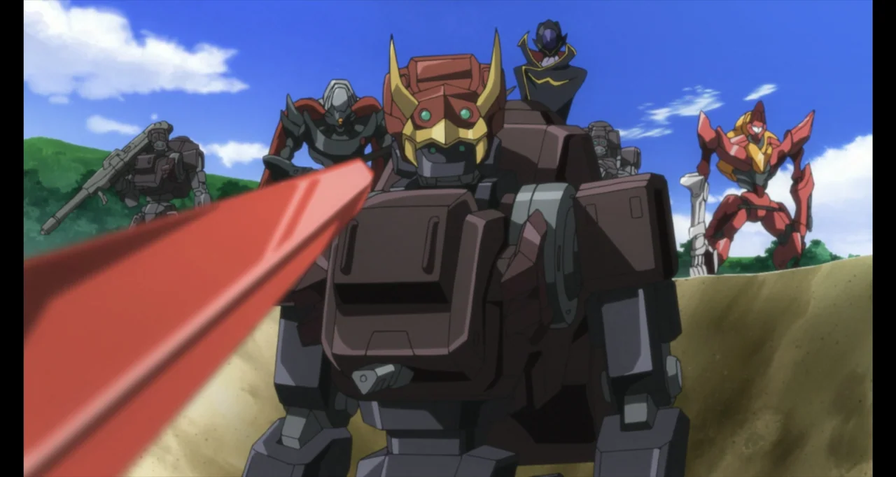 Code Geass: Lelouch of the Rebellion III - Glorification (2018) movie still: medium — An open field with scattered armored robotic figures under a…