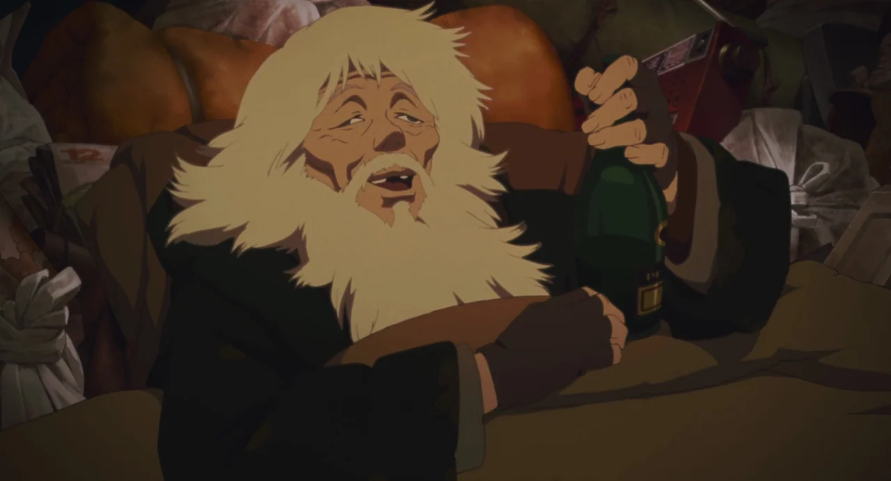 Tokyo Godfathers (2003) movie still: closeup — A cluttered room contains heaps of bags and miscellaneous household items. An elderly man with long…
