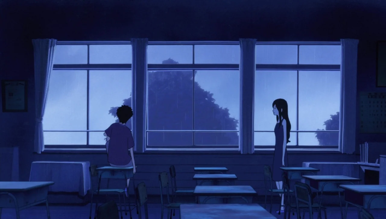 Wolf Children (2012) movie still: wide — A dark classroom at night features rows of wooden desks and large rain-streaked windows. A boy sits on top…