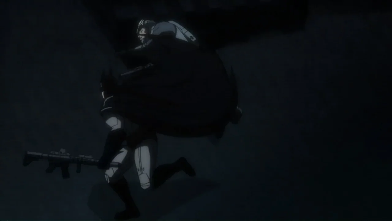 Batman: Assault on Arkham (2014) movie still: fullbody — A dark, minimally detailed room features a figure running through the frame. The subject…