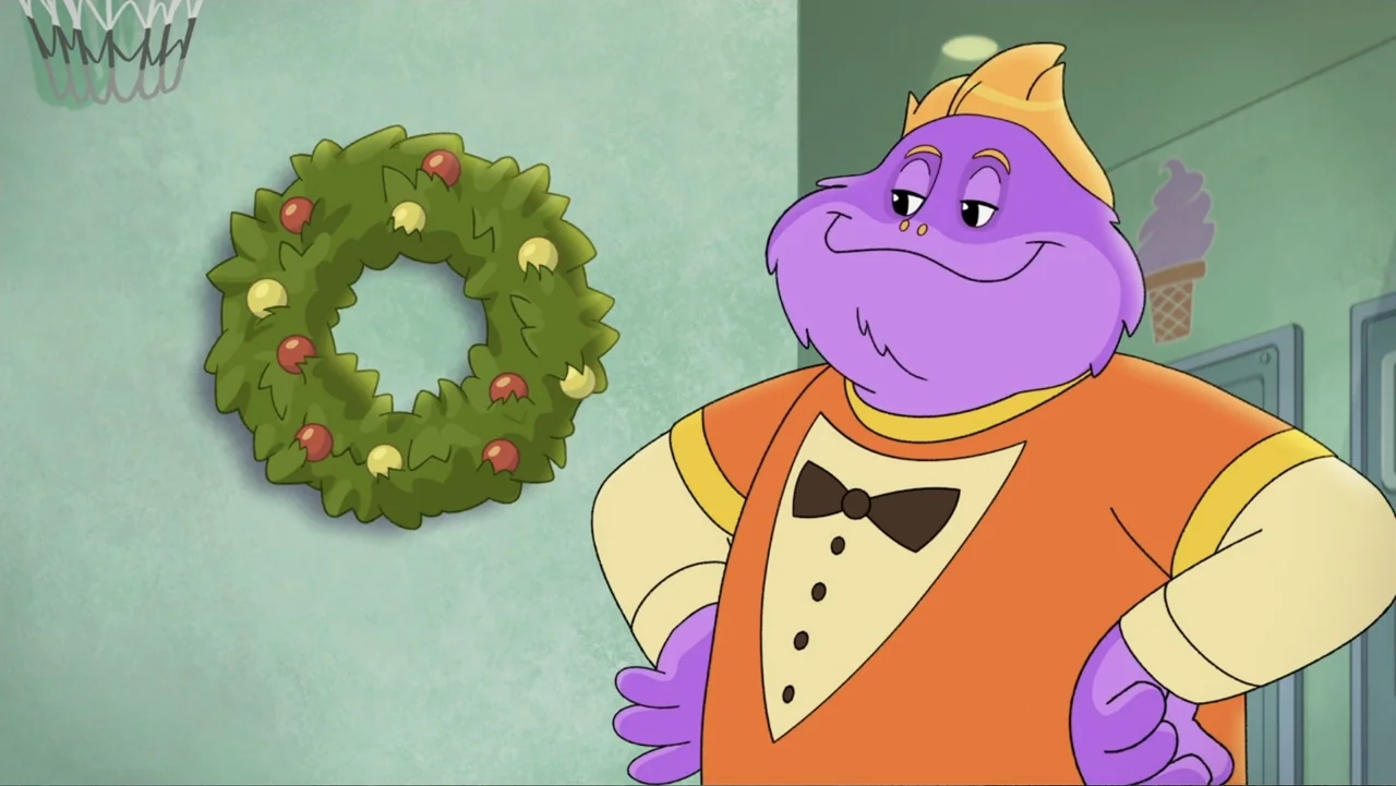 A Chuck E. Cheese Christmas (2025) movie still: medium — An indoor wall features a holiday wreath and a small ice cream icon. A purple creature in a…