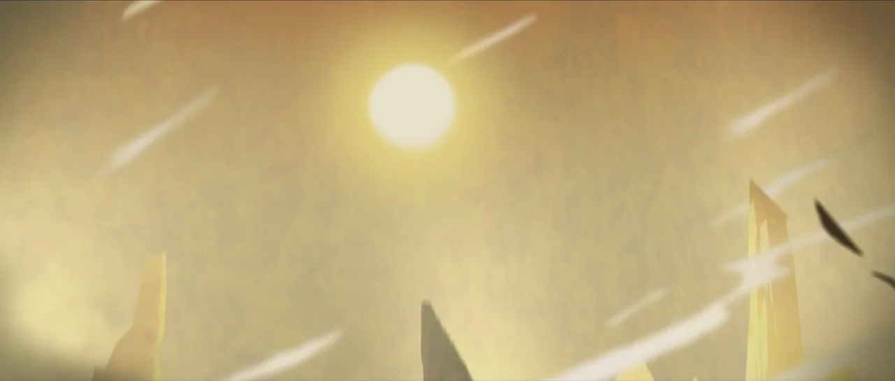 Kung Fu Panda (2008) movie still: establishing — A vast, arid desert landscape features sharp rock formations and a bright sun. Wisps of wind-blown…