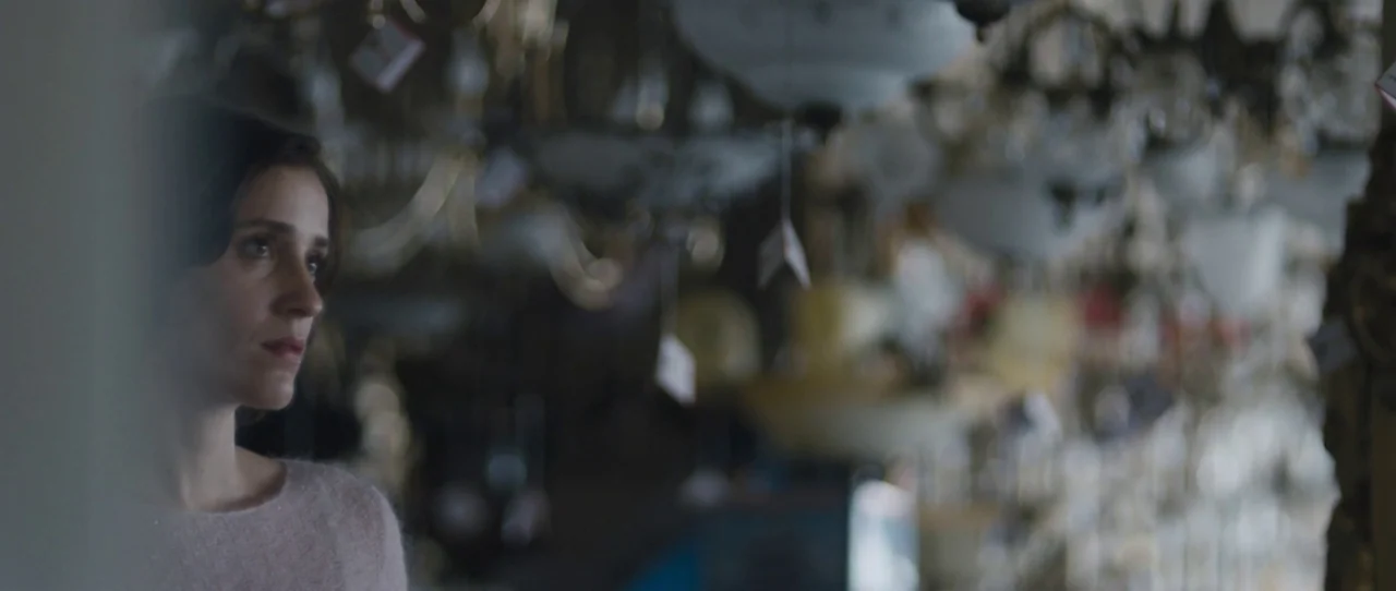 Alps (2011) movie still: closeup — A woman stands in a store filled with various hanging ceiling lamps and fixtures. She looks towards the blurry…