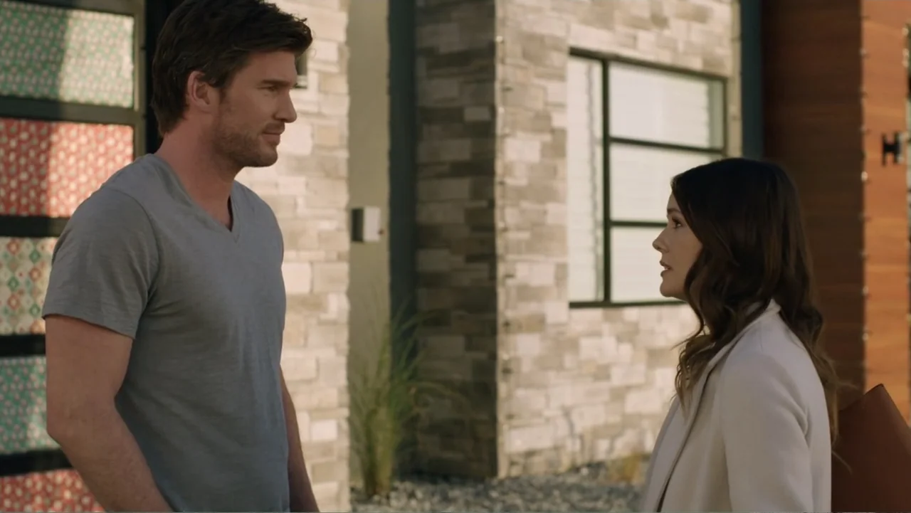 Always and Forever Christmas (2019) movie still: medium — A modern residence with stone and wood paneling serves as the backdrop. A man in a t-shirt…