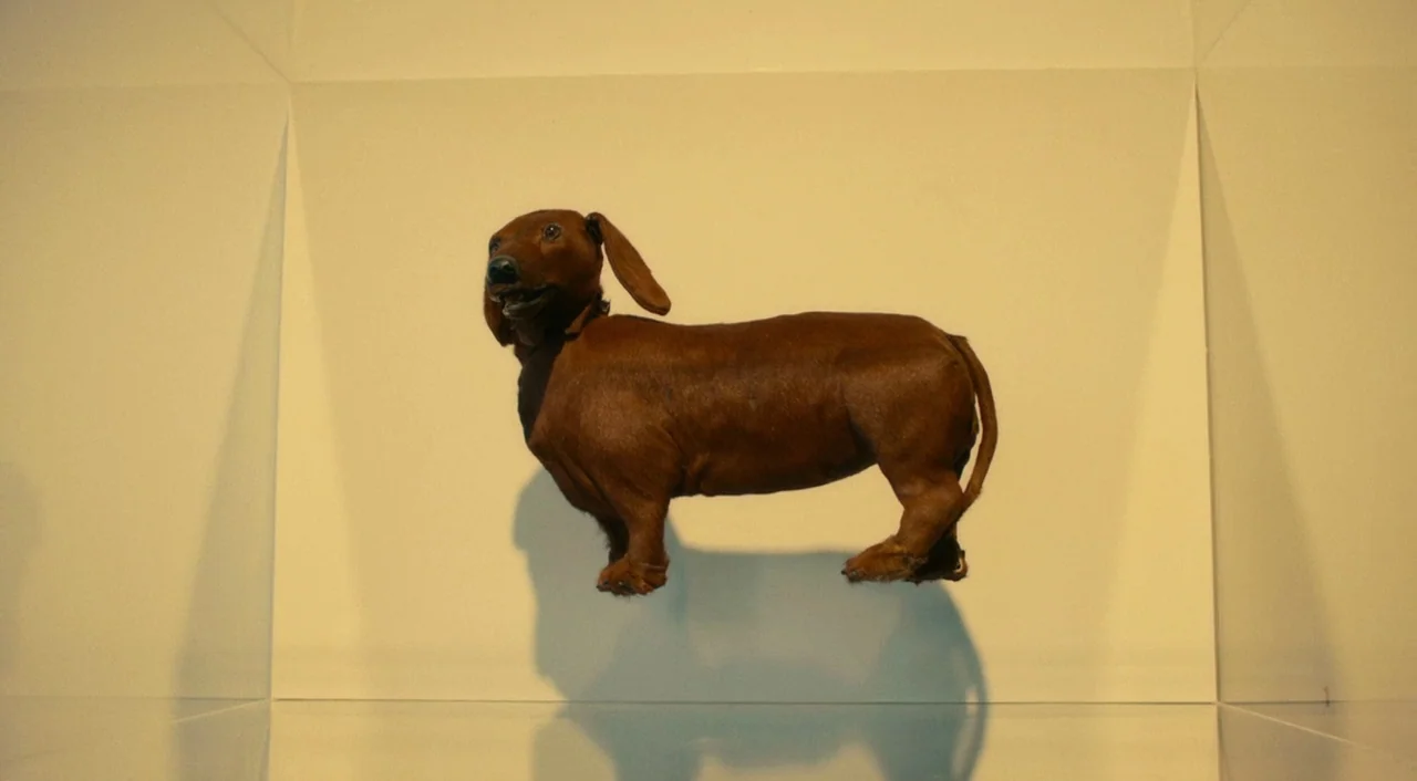 Wiener-Dog (2016) movie still: medium — A dachshund stands against a smooth, off-white wall with geometric, angled corner sections. The dog faces…