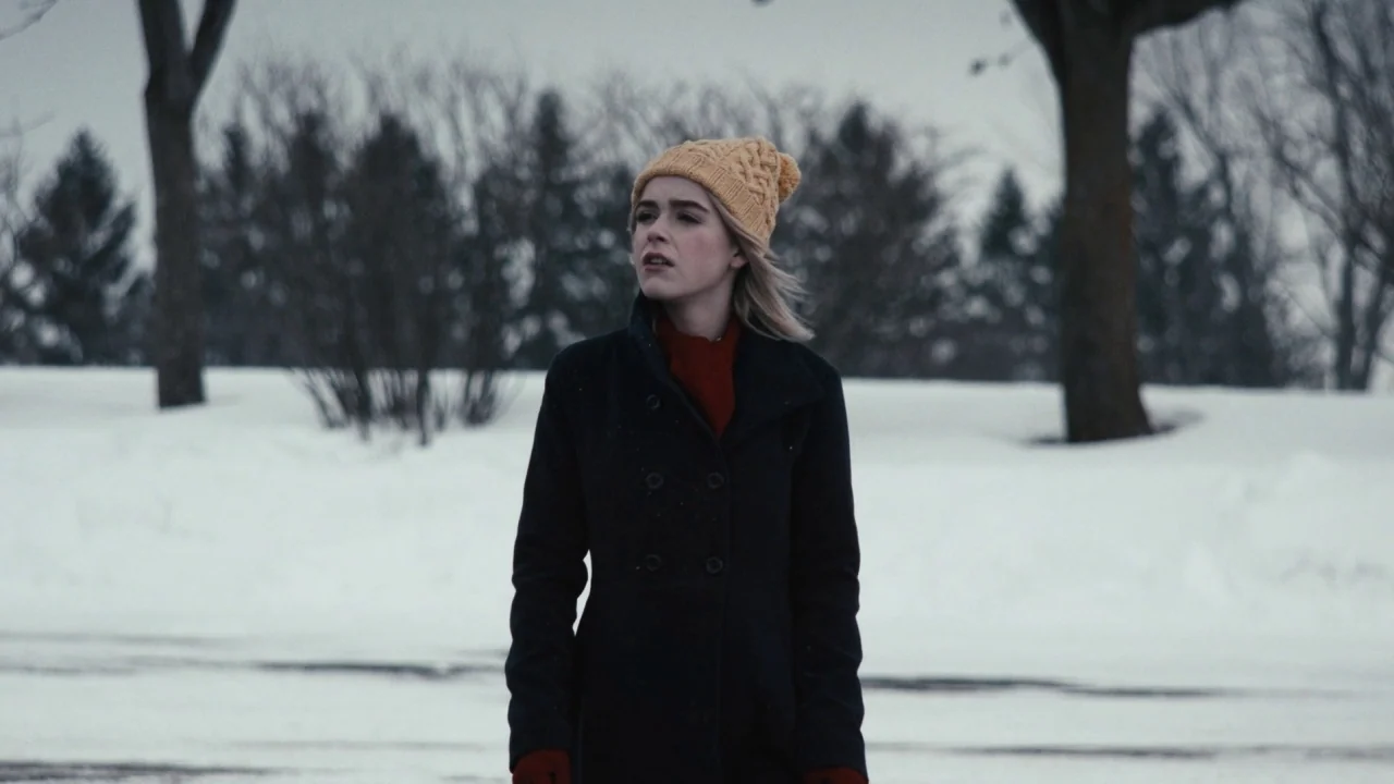 The Blackcoat’s Daughter (2015) movie still: medium — A snow-covered public space with bare trees standing against an overcast grey sky. A woman…