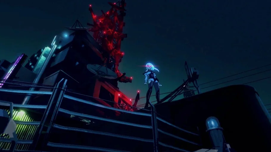Cyberpunk: Edgerunners (2022) movie still: wide — A dark, industrial communication tower platform dominates the low-angle perspective at night. A…
