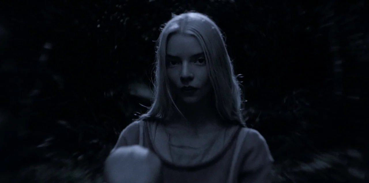 The Northman (2022) movie still: closeup — A dense forest at night where the foliage is swallowed by deep black shadows. A young woman with blonde…