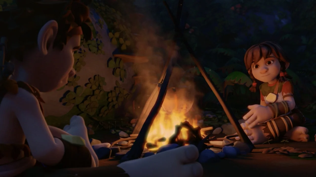 Troll: The Tale of a Tail (2018) movie still: medium — A nighttime campsite in a dense jungle area features a tripod structure over fire. Two small…