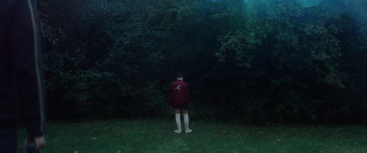 Broadcast Signal Intrusion (2021) movie still: wide — A person stands at the edge of a dark, dense cluster of foliage. The individual faces the…