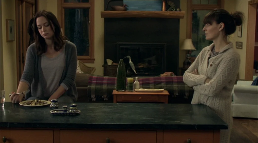 Your Sister’s Sister (2011) movie still: medium — A rustic kitchen features dark stone counters and a wood-mantled fireplace in the background. Two…