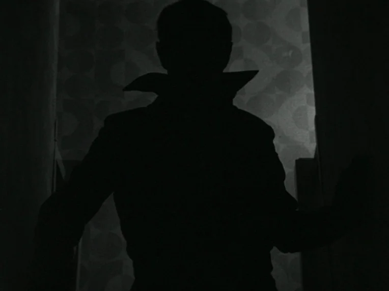 Death and Transfiguration (1983) movie still: medium — A dark indoor doorway is framed by walls with a repeating geometric wallpaper pattern. A…