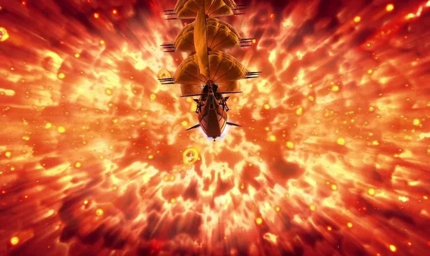 Treasure Planet (2002) movie still: wide — A tall multi-masted ship navigates through a massive, spherical burst of orange fire. The explosion…