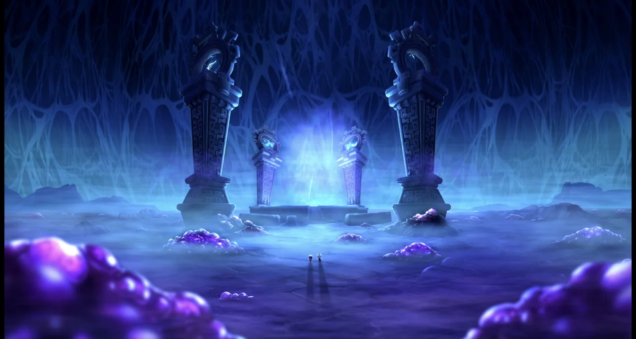 Las leyendas: El origen (2021) movie still: establishing — Ancient stone pillars stand upon a dark, uneven ground covered in glowing violet organic…