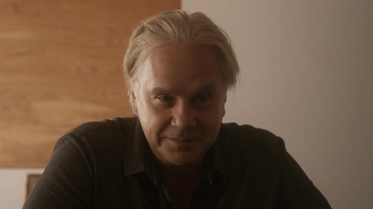 Marjorie Prime (2017) movie still: closeup — A man sits inside a room with plain walls. He faces the camera directly while maintaining a faint smile.