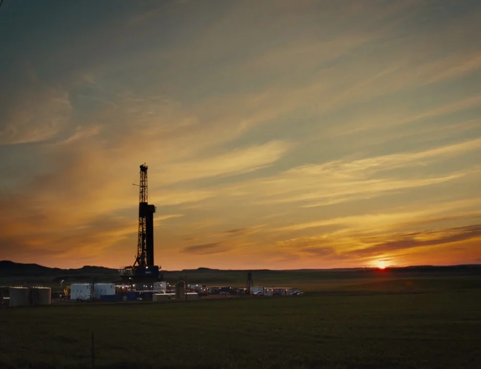 American Honey (2016) movie still: establishing — A vast, open plain contains an industrial oil drilling rig under a sunset sky. The sun hangs low…