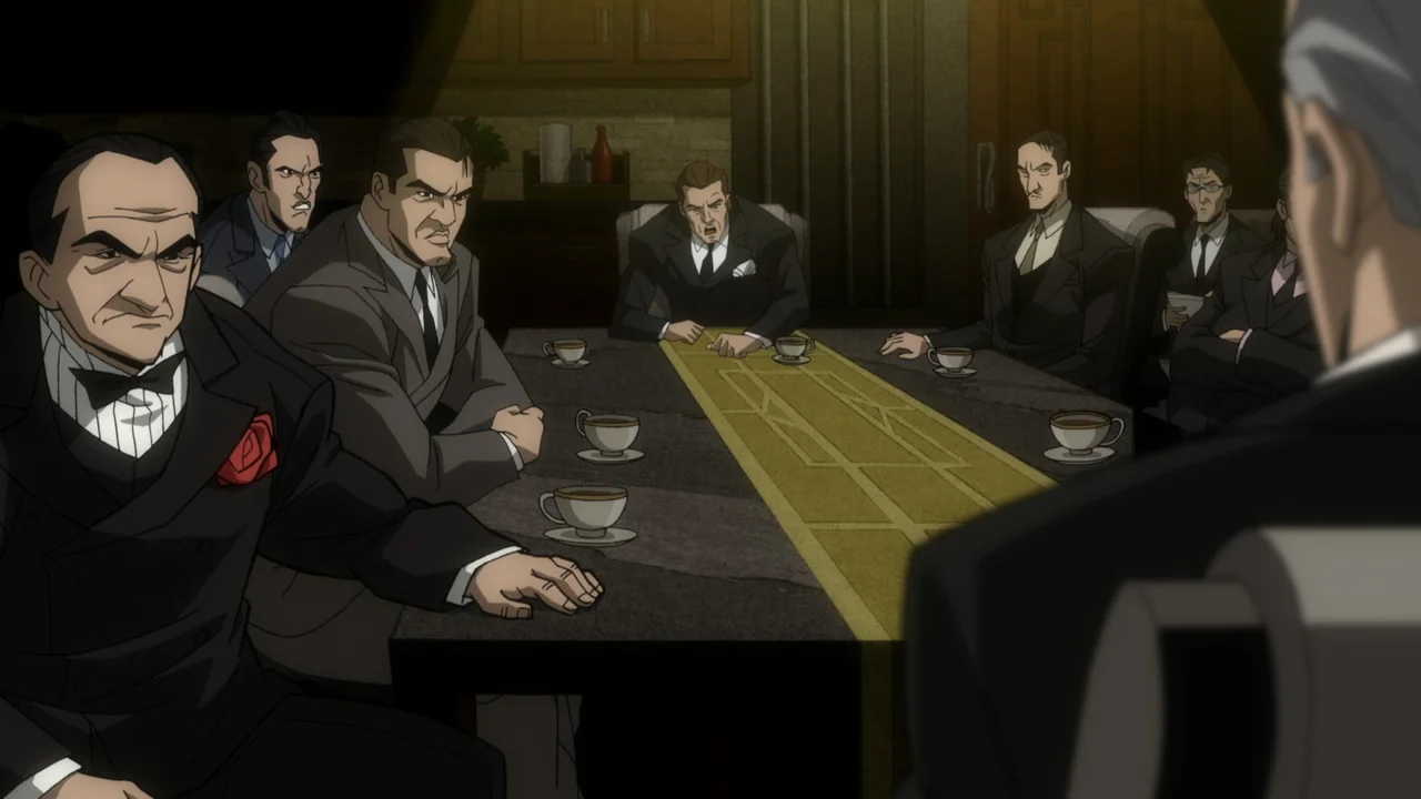 Batman: The Long Halloween, Part One (2021) movie still: medium — A dark boardroom contains a large table surrounded by men in formal suits. Seven…